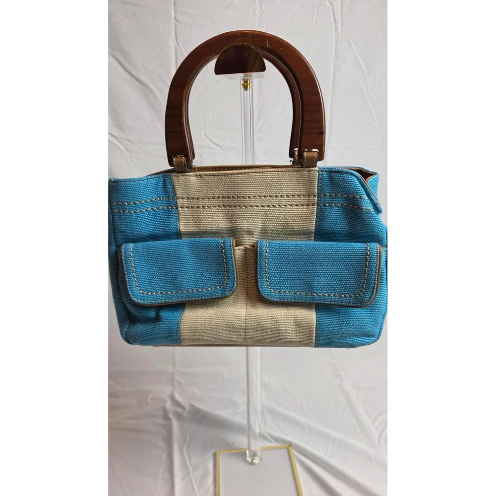 Relic Vintage Y2K Blue Cream Canvas Satchel Bag Wood Handles Coastal Boho Retro